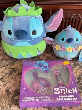 Disney Blue & Aqua Stitch Squishmallows Plush Duo  and Lip Gloss Set